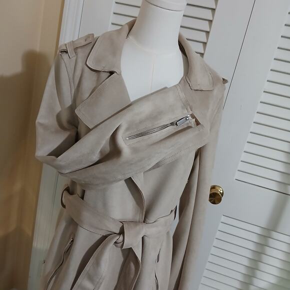Magaschoni Large Faux Leather/Suede Beige Wrap Trench Coat Mid-Weight SOFT - Picture 5 of 13